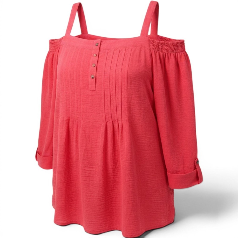 Cocomo Woman Coral Red Cold‎ Shoulder Pintuck Blouse 2X Festival Boho Chic